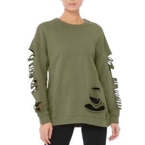 Alo Yoga Distressed Crewneck Sweatshirt – Olive Green - Size Small